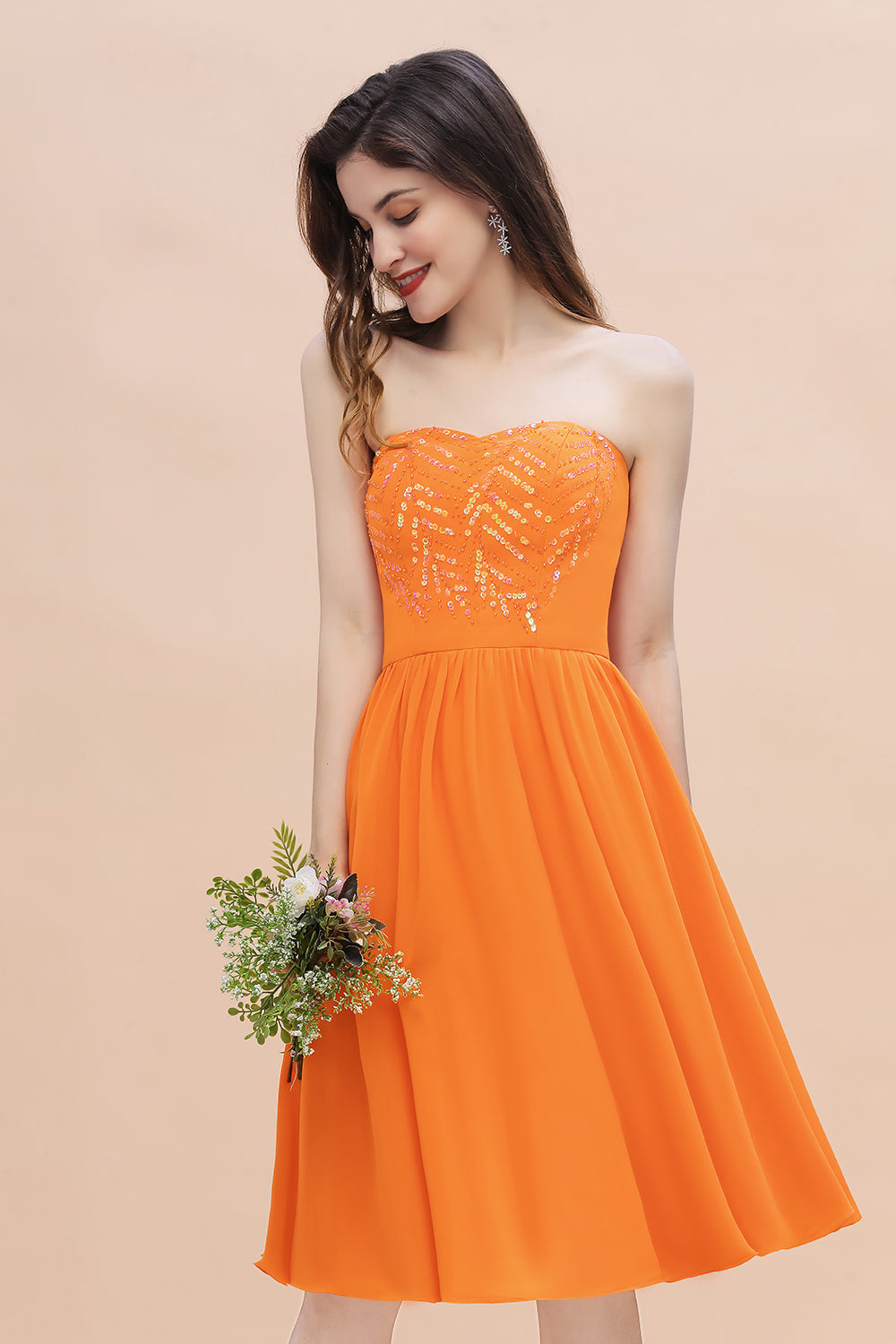 Orange Sequins A-Line Strapless Knee-length Chiffon Bridesmaid Dress