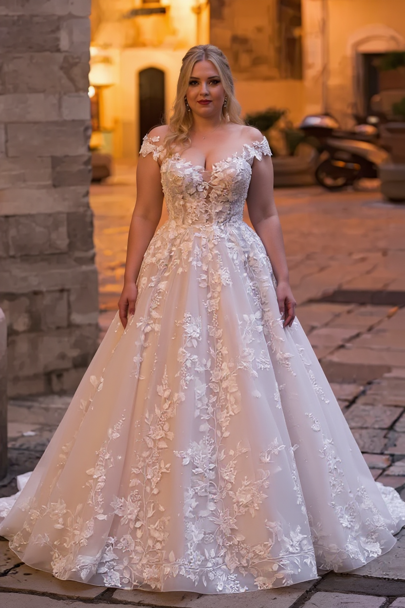 Plus Size A-Line Bateau Appliques Lace Backless Floor Length Sequins Wedding Dress