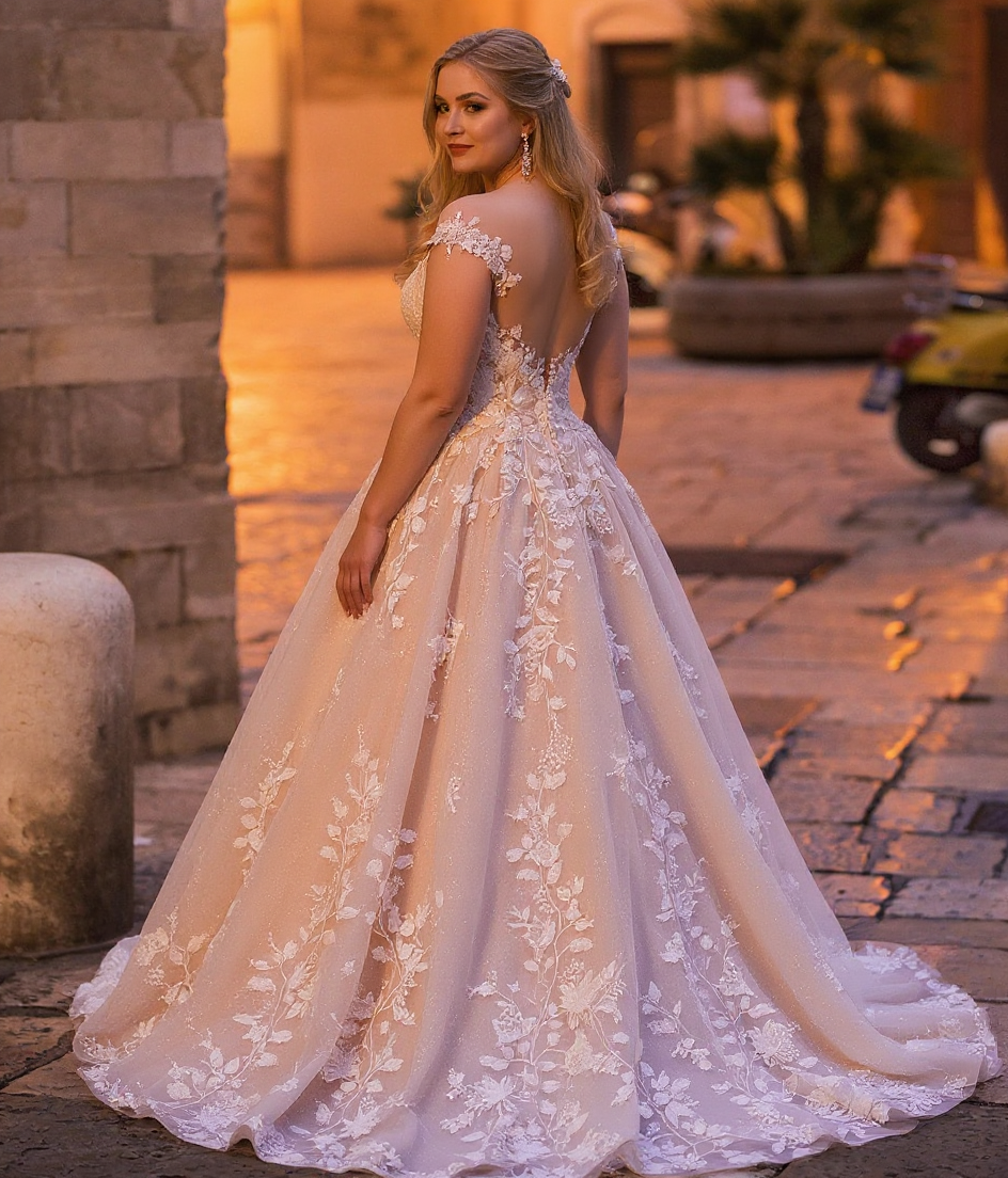 Plus Size A-Line Bateau Appliques Lace Backless Floor Length Sequins Wedding Dress