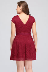 Plus Size Bateau Short Sleeve A-line Lace Short Prom Dress With Bowknot