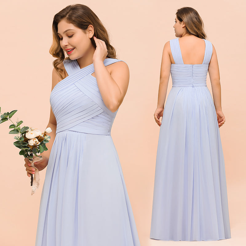 Plus Size Long A-line Halter Lavender Chiffon Bridesmaid Dress with Ruffle