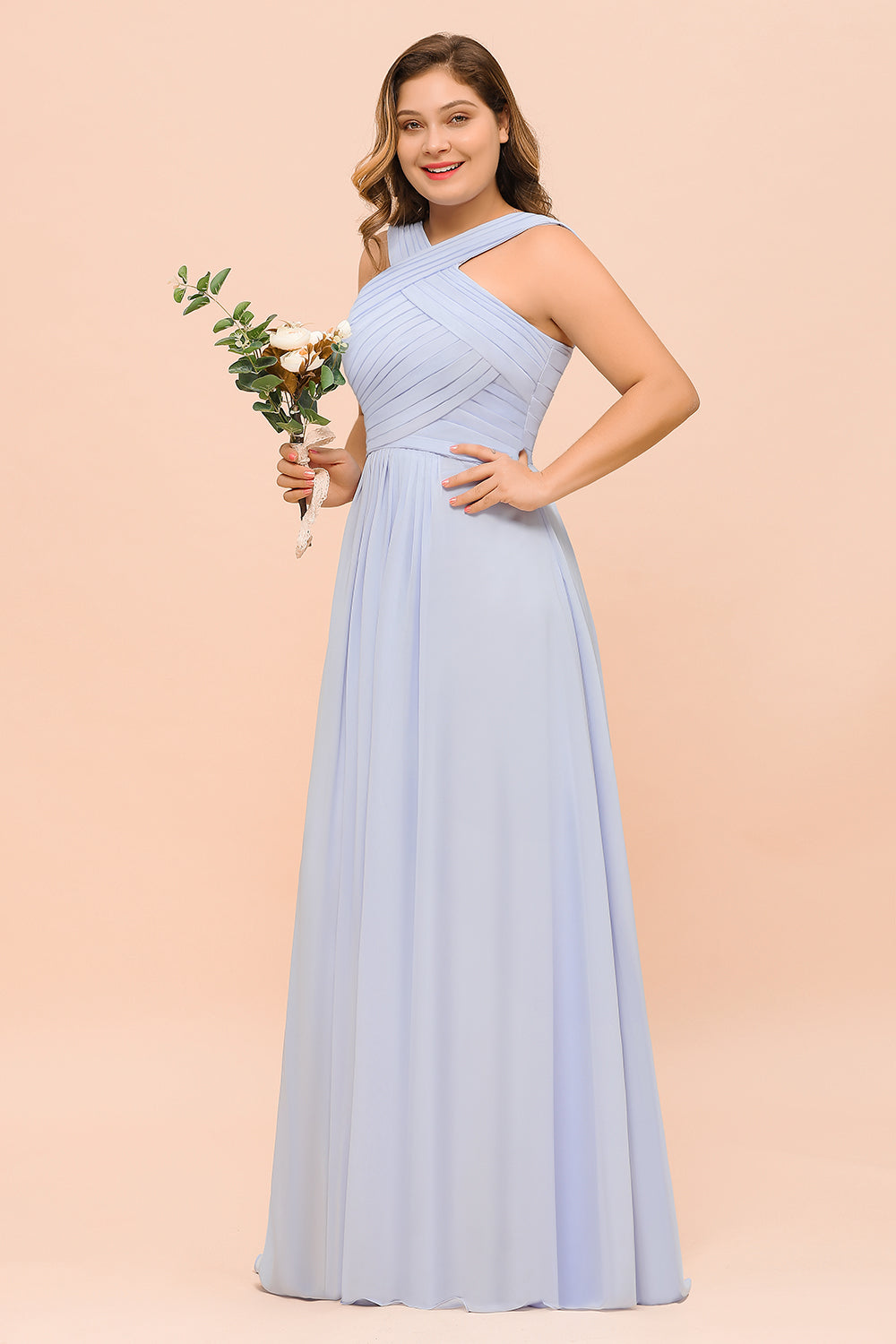 Long A-line Halter Lavender Chiffon Plus Size Wedding Guest Dress with Ruffle