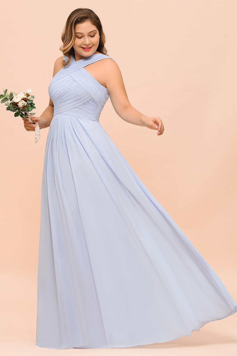 Long A-line Halter Lavender Chiffon Plus Size Wedding Guest Dress with Ruffle