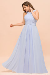 Long A-line Halter Lavender Chiffon Plus Size Wedding Guest Dress with Ruffle
