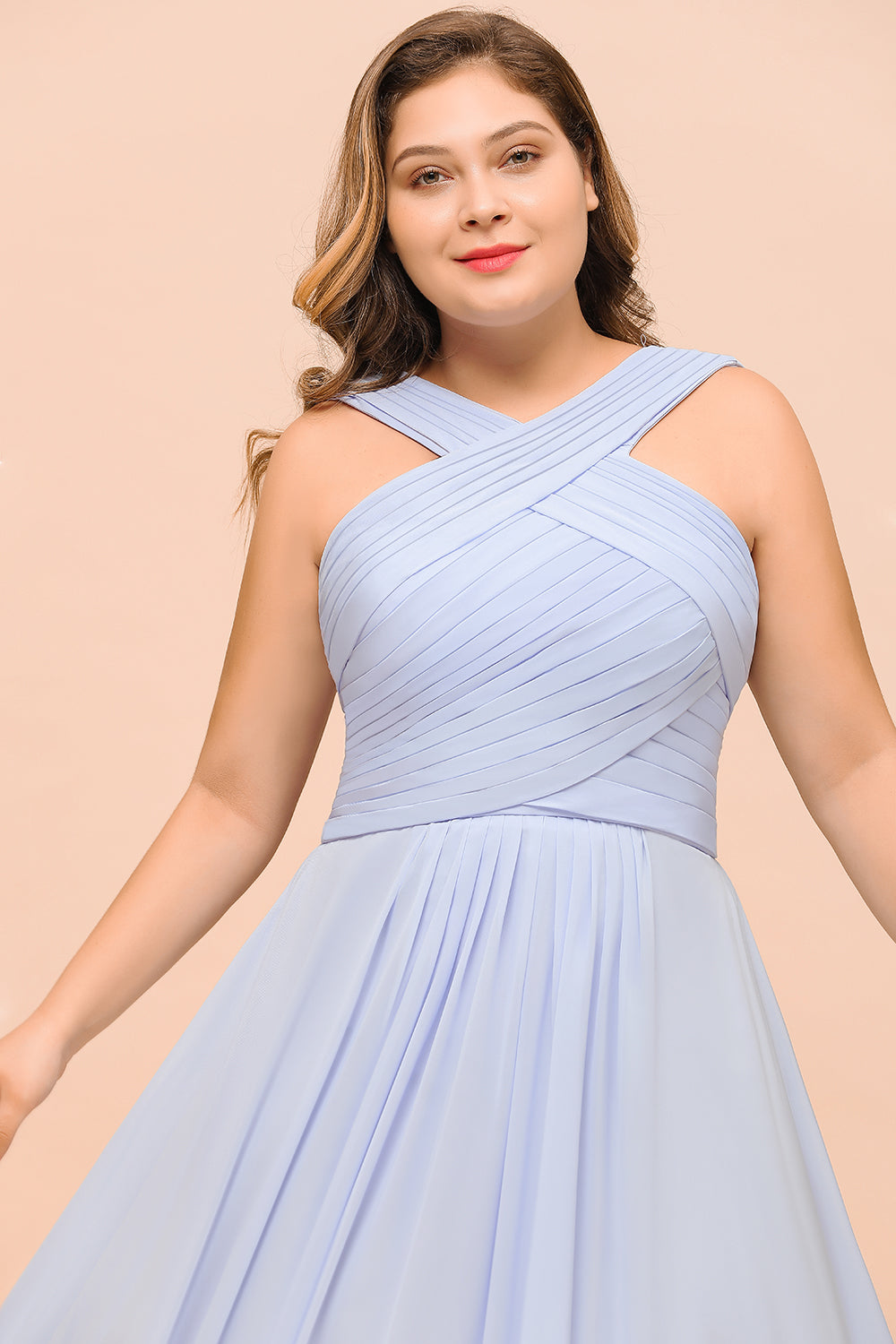 Long A-line Halter Lavender Chiffon Plus Size Wedding Guest Dress with Ruffle
