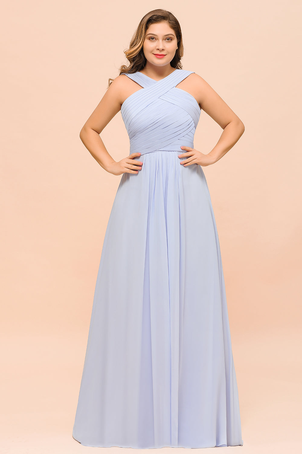 Long A-line Halter Lavender Chiffon Plus Size Wedding Guest Dress with Ruffle
