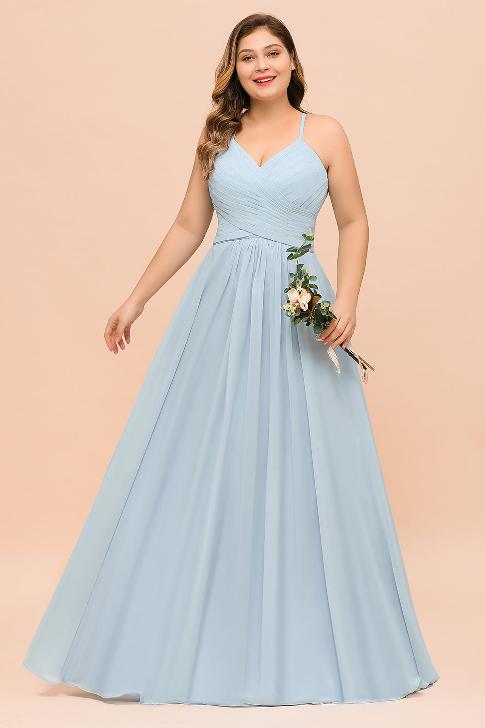 Plus Size Long A-line V-neck Spaghetti Straps Chiffon Sky Blue Bridesmaid Dresses