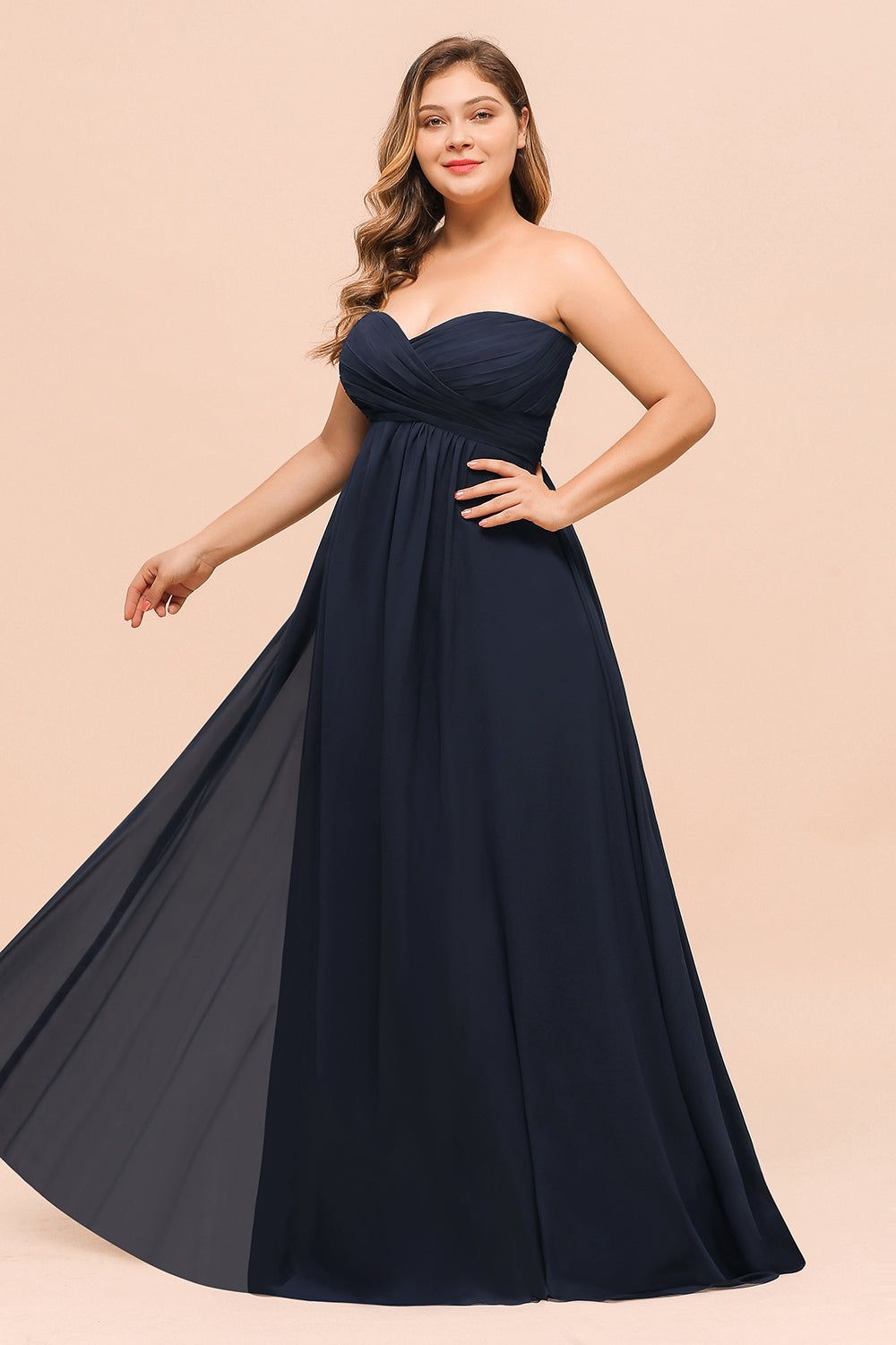 Plus Size Dark Navy Long Sweetheart Chiffon Wedding Guest Dresses