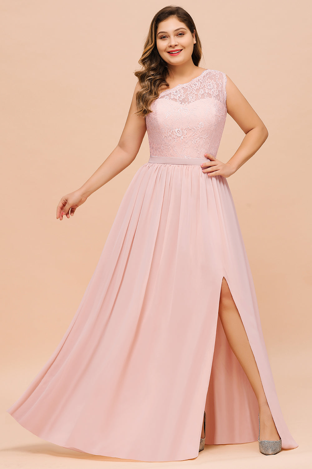 Plus Size One Shoulder Appliques Lace A-Line Chiffon Bridesmaid Dress With Split