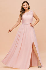 Plus Size One Shoulder Appliques Lace A-Line Chiffon Bridesmaid Dress With Split