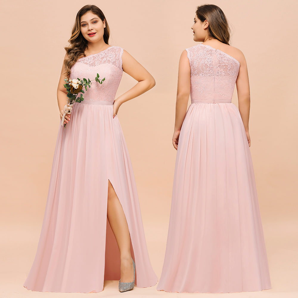 Plus Size One Shoulder Appliques Lace A-Line Chiffon Bridesmaid Dress With Split