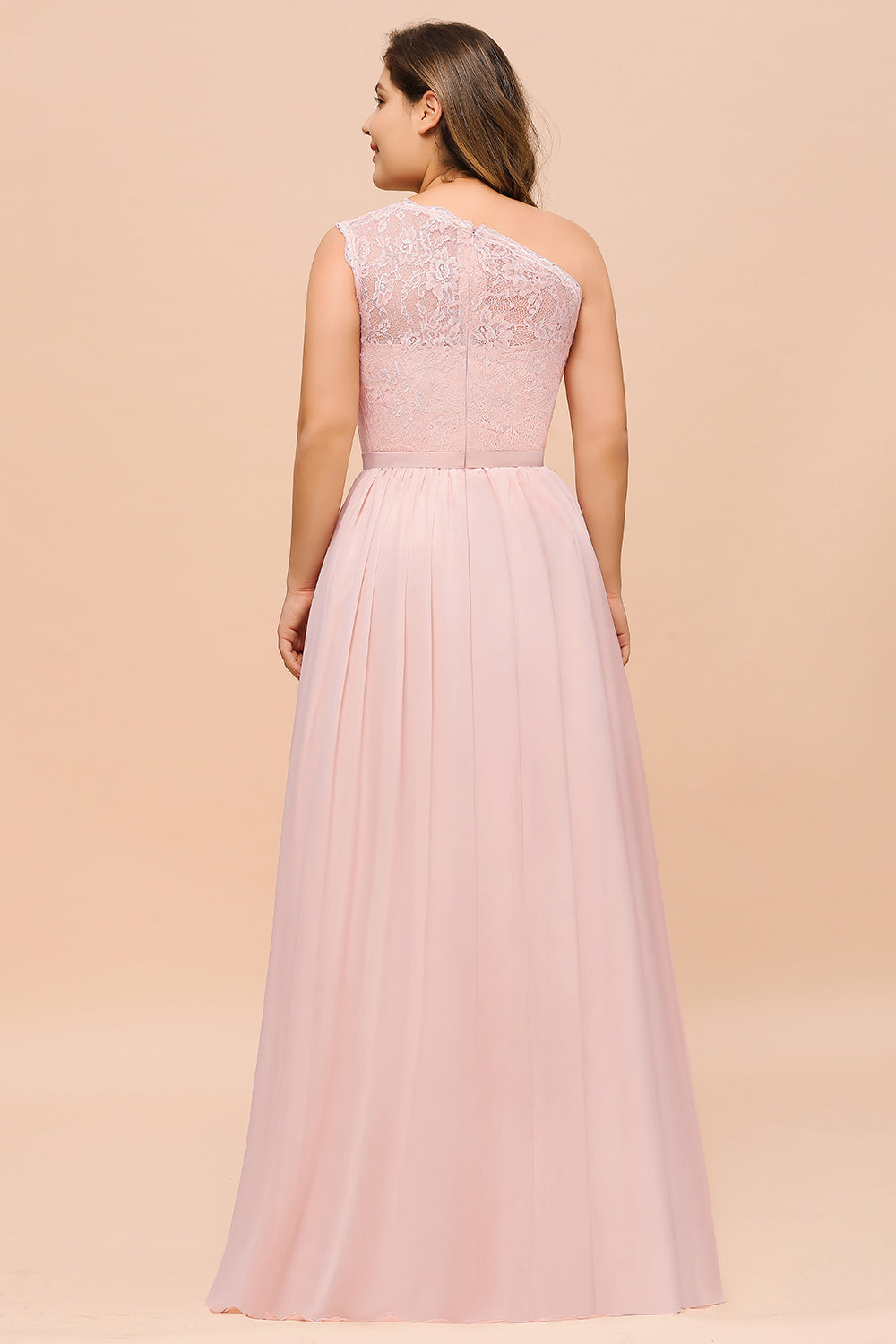 Plus Size One Shoulder Appliques Lace A-Line Chiffon Bridesmaid Dress With Split