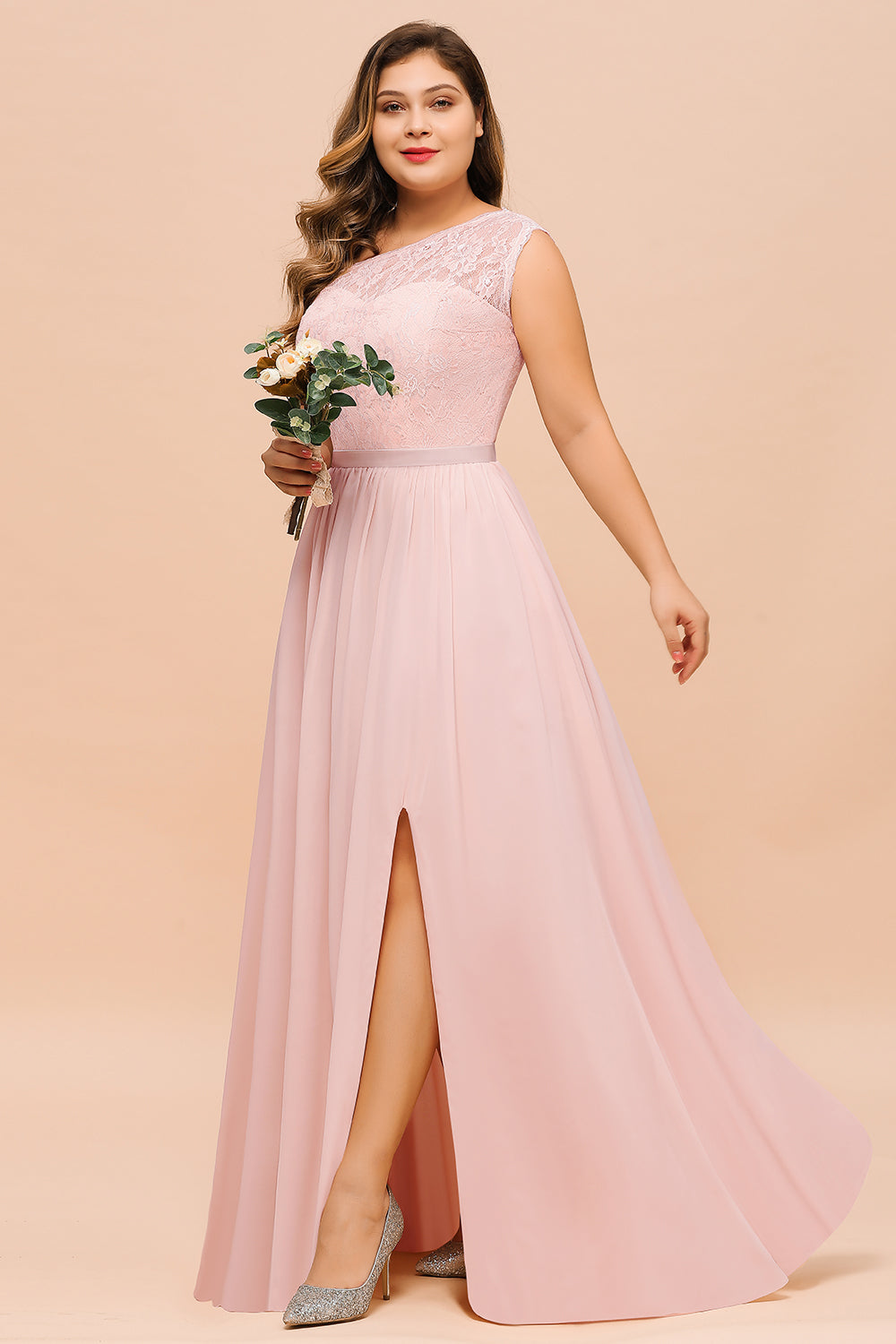 Plus Size One Shoulder Appliques Lace A-Line Chiffon Bridesmaid Dress With Split