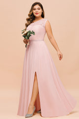 Plus Size One Shoulder Appliques Lace A-Line Chiffon Bridesmaid Dress With Split