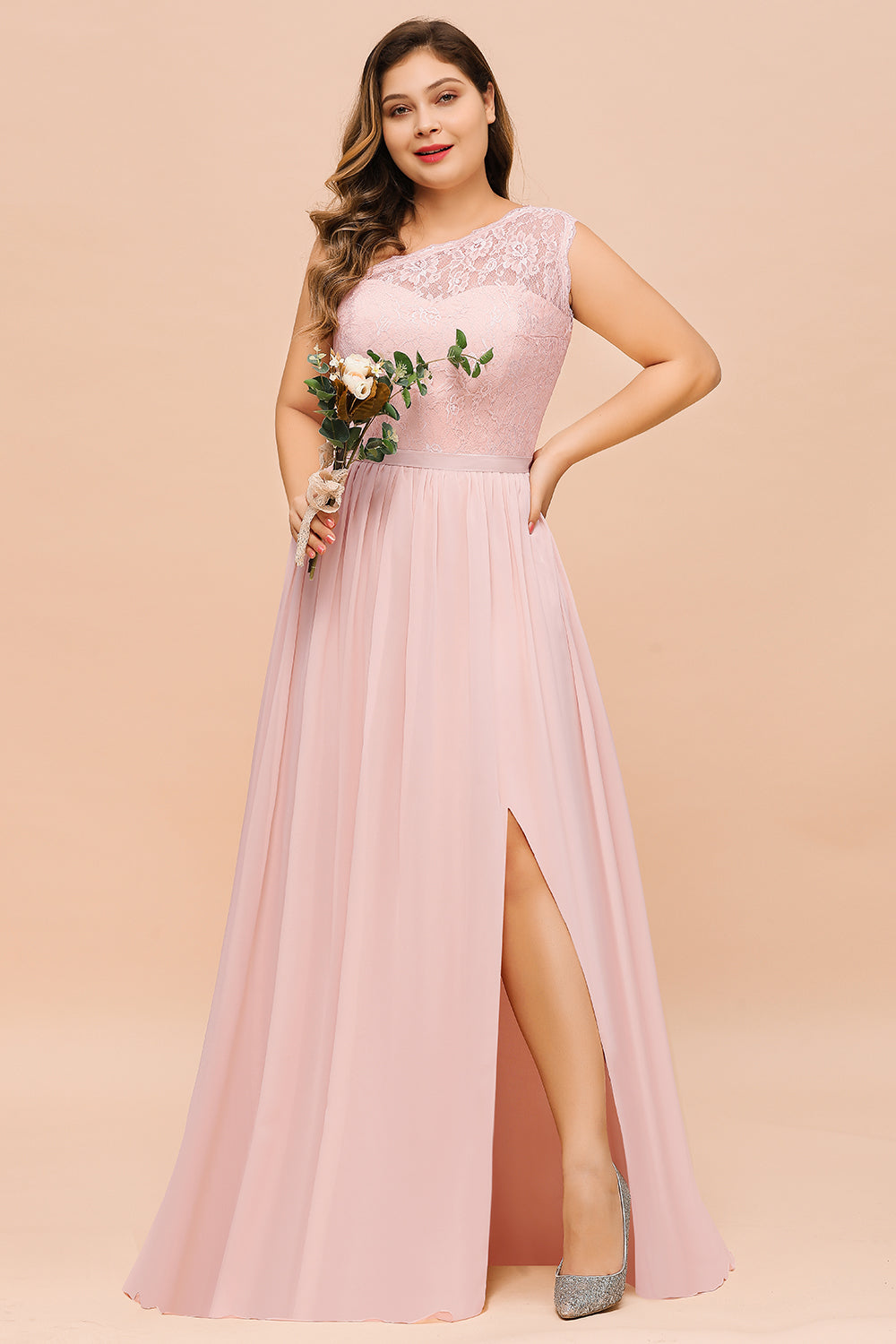 Plus Size One Shoulder Appliques Lace A-Line Chiffon Bridesmaid Dress With Split