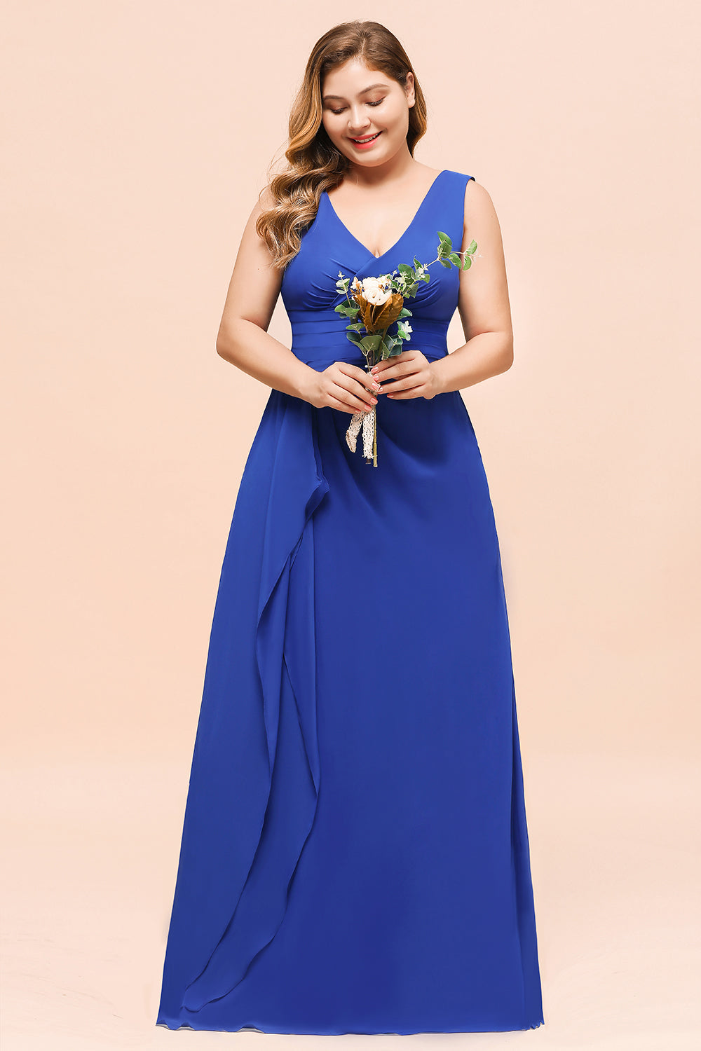 Plus Size Wide Straps V-neck A-line Floor Length Chiffon Bridesmaid Dress