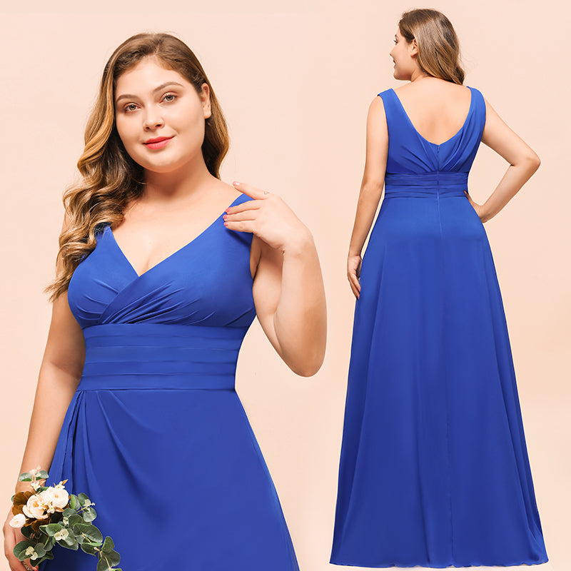 Plus Size Wide Straps V-neck A-line Floor Length Chiffon Bridesmaid Dress