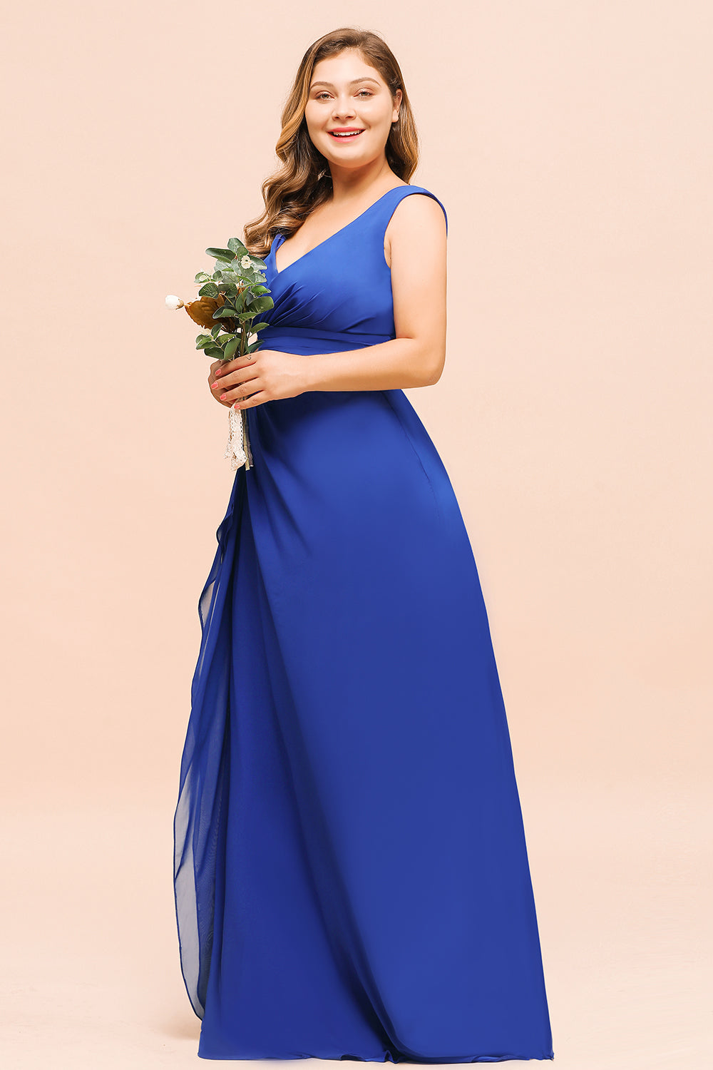 Plus Size Wide Straps V-neck A-line Floor Length Chiffon Bridesmaid Dress