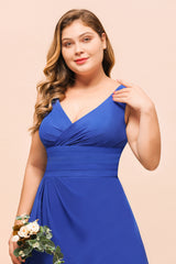 Plus Size Wide Straps V-neck A-line Floor Length Chiffon Bridesmaid Dress