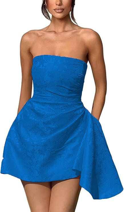 A-line Strapless Jacquard Satin Asymmetrical Lace up Sleeveless Short Homecoming Dress
