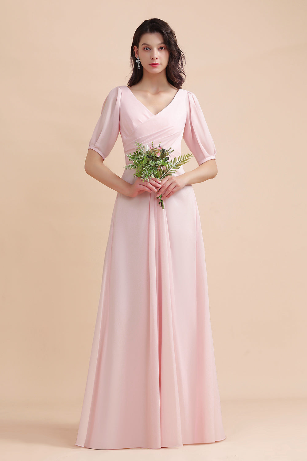 Half Sleeves V-neck A-Line Bridesmaid Dress Chiffon Long Wedding Guest Dress