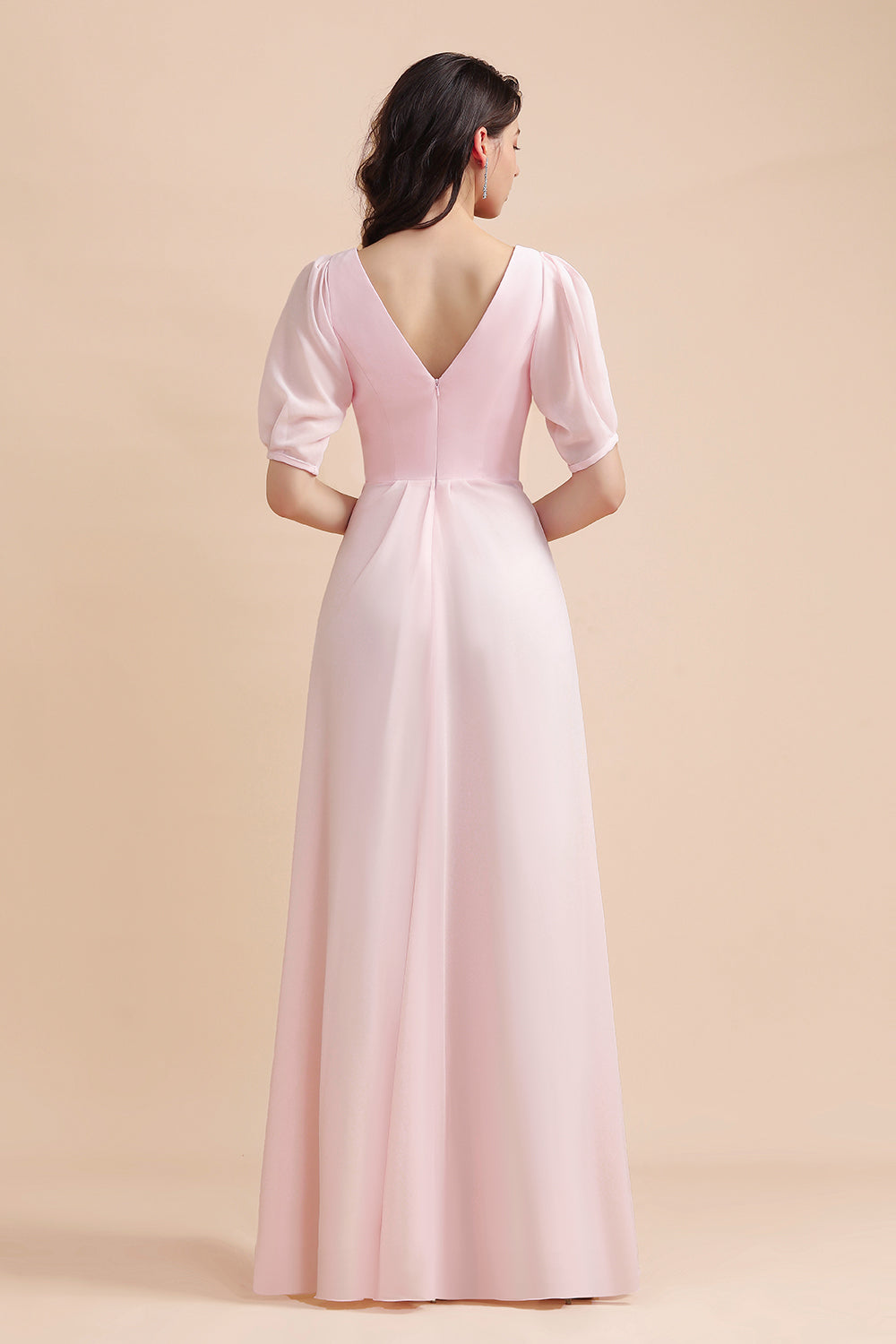 Half Sleeves V-neck A-Line Bridesmaid Dress Chiffon Long Wedding Guest Dress