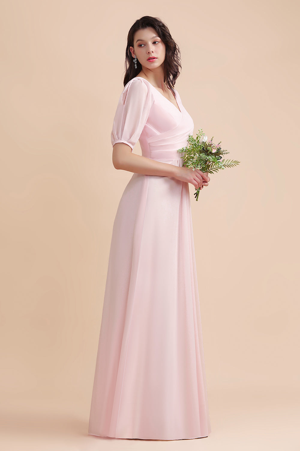 Half Sleeves V-neck A-Line Bridesmaid Dress Chiffon Long Wedding Guest Dress