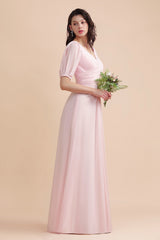 Half Sleeves V-neck A-Line Bridesmaid Dress Chiffon Long Wedding Guest Dress