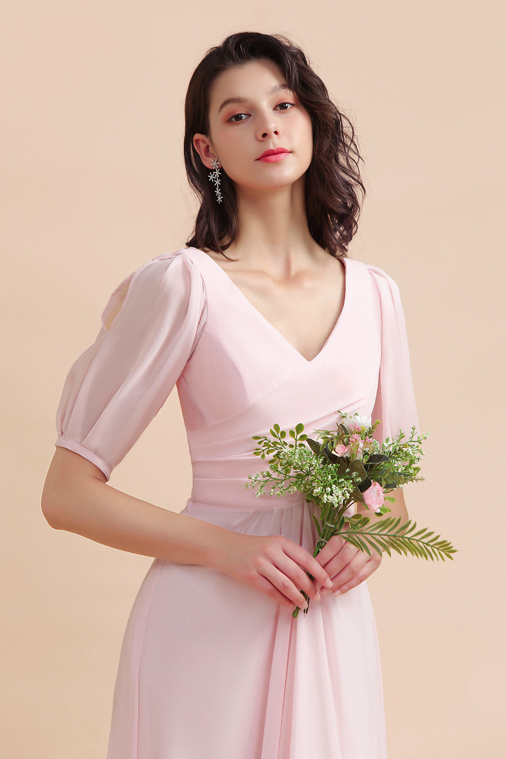 Half Sleeves V-neck A-Line Bridesmaid Dress Chiffon Long Wedding Guest Dress