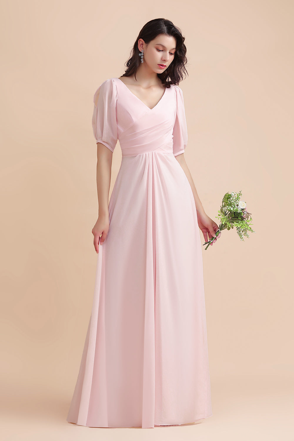 Half Sleeves V-neck A-Line Bridesmaid Dress Chiffon Long Wedding Guest Dress