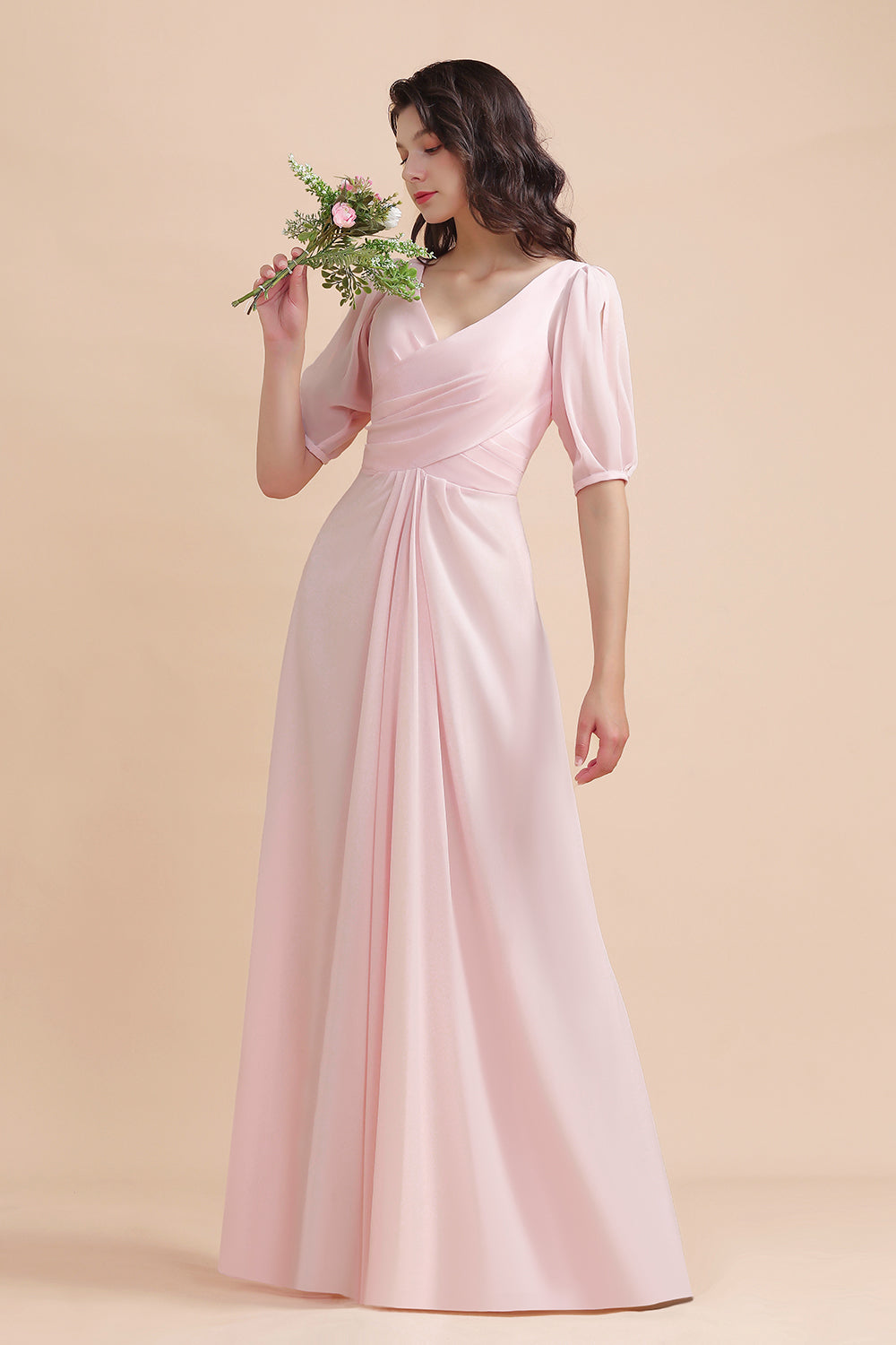 Half Sleeves V-neck A-Line Bridesmaid Dress Chiffon Long Wedding Guest Dress