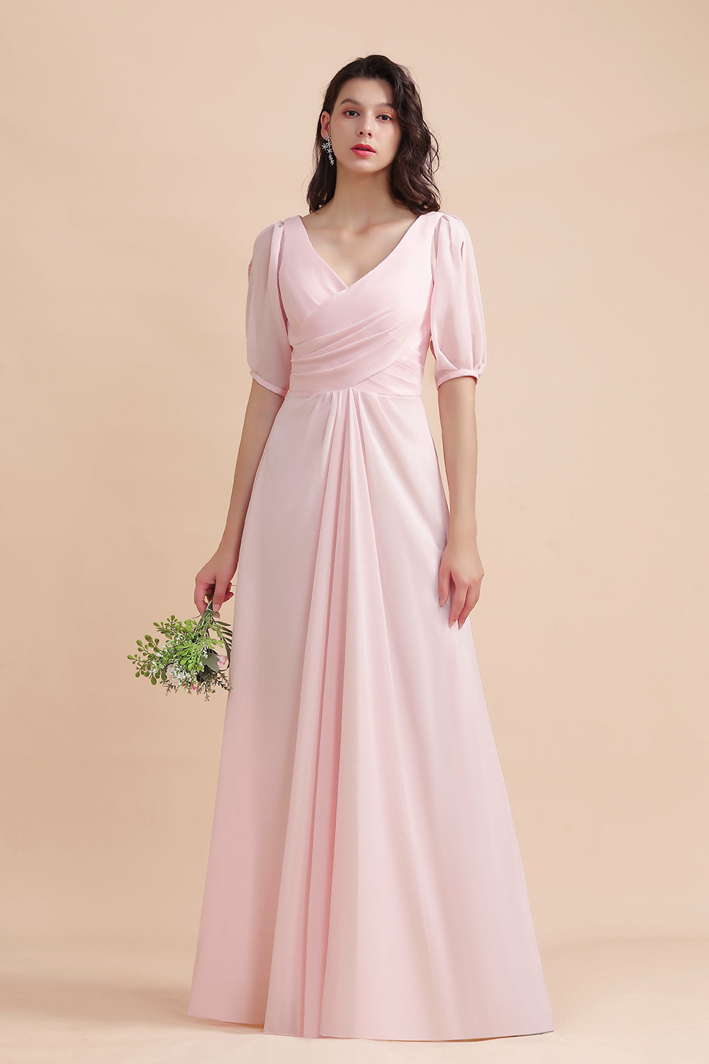 Half Sleeves V-neck A-Line Bridesmaid Dress Chiffon Long Wedding Guest Dress