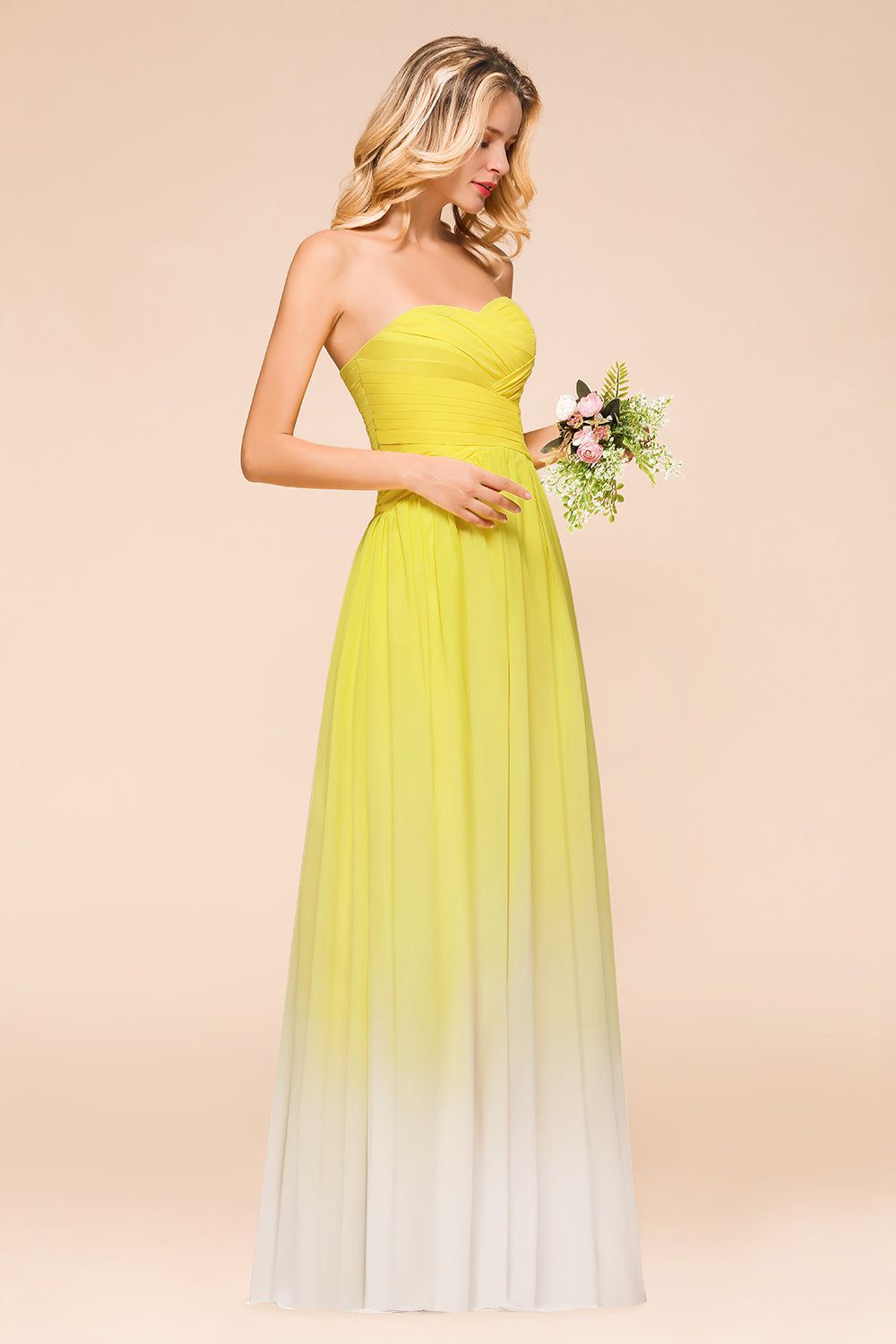 Pretty Strapless Backless A-line Floor Length Chiffon Ruched Bridesmaid Dress