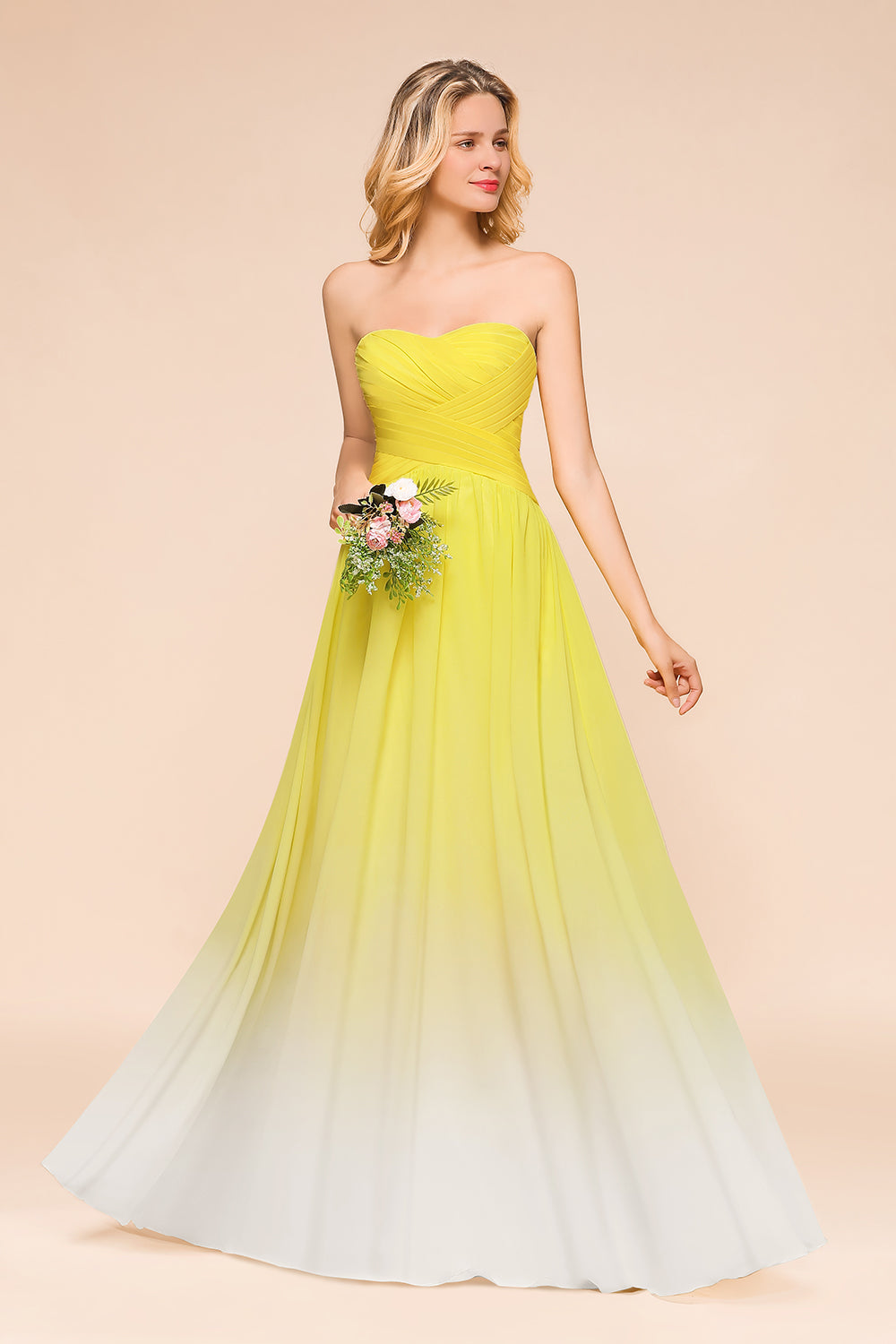 Pretty Strapless Backless A-line Floor Length Chiffon Ruched Bridesmaid Dress
