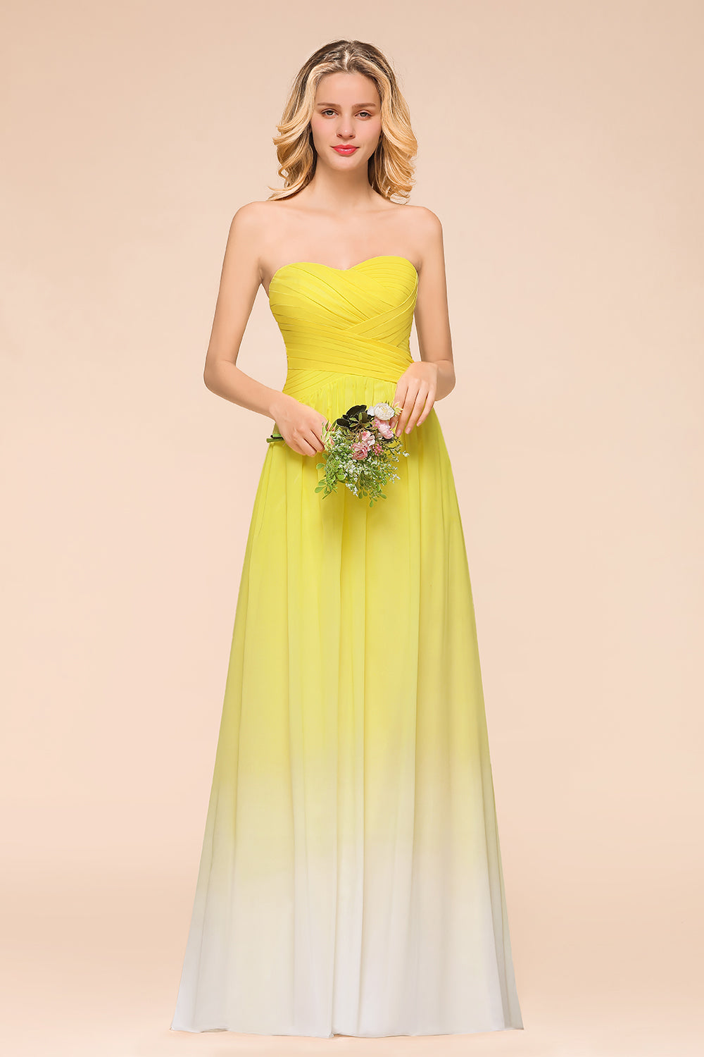 Pretty Strapless Backless A-line Floor Length Chiffon Ruched Bridesmaid Dress