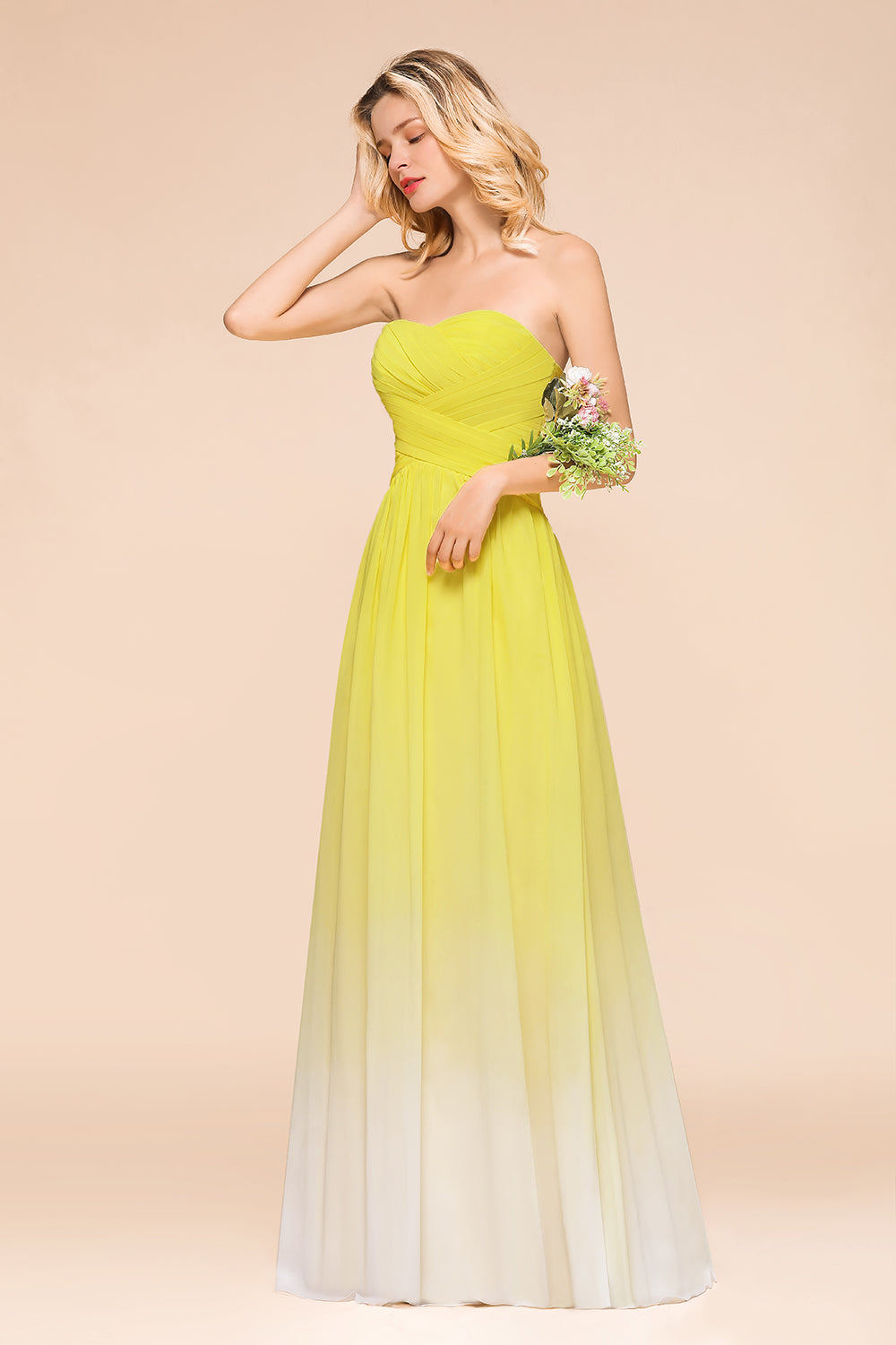 Pretty Strapless Backless A-line Floor Length Chiffon Ruched Bridesmaid Dress