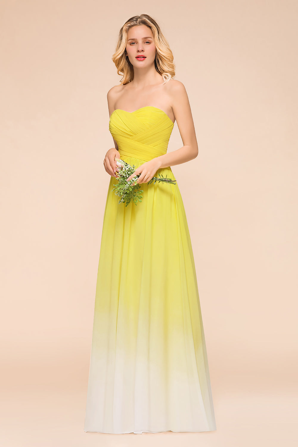 Pretty Strapless Backless A-line Floor Length Chiffon Ruched Bridesmaid Dress
