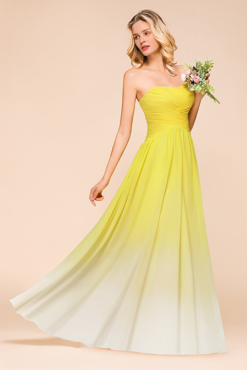 Pretty Strapless Backless A-line Floor Length Chiffon Ruched Bridesmaid Dress