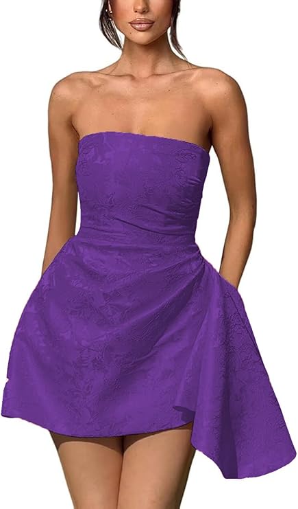 A-line Strapless Jacquard Satin Asymmetrical Lace up Sleeveless Short Homecoming Dress