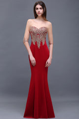 Red Half Sleeves Appliques Mermaid Beads Bridesmaid Dresses