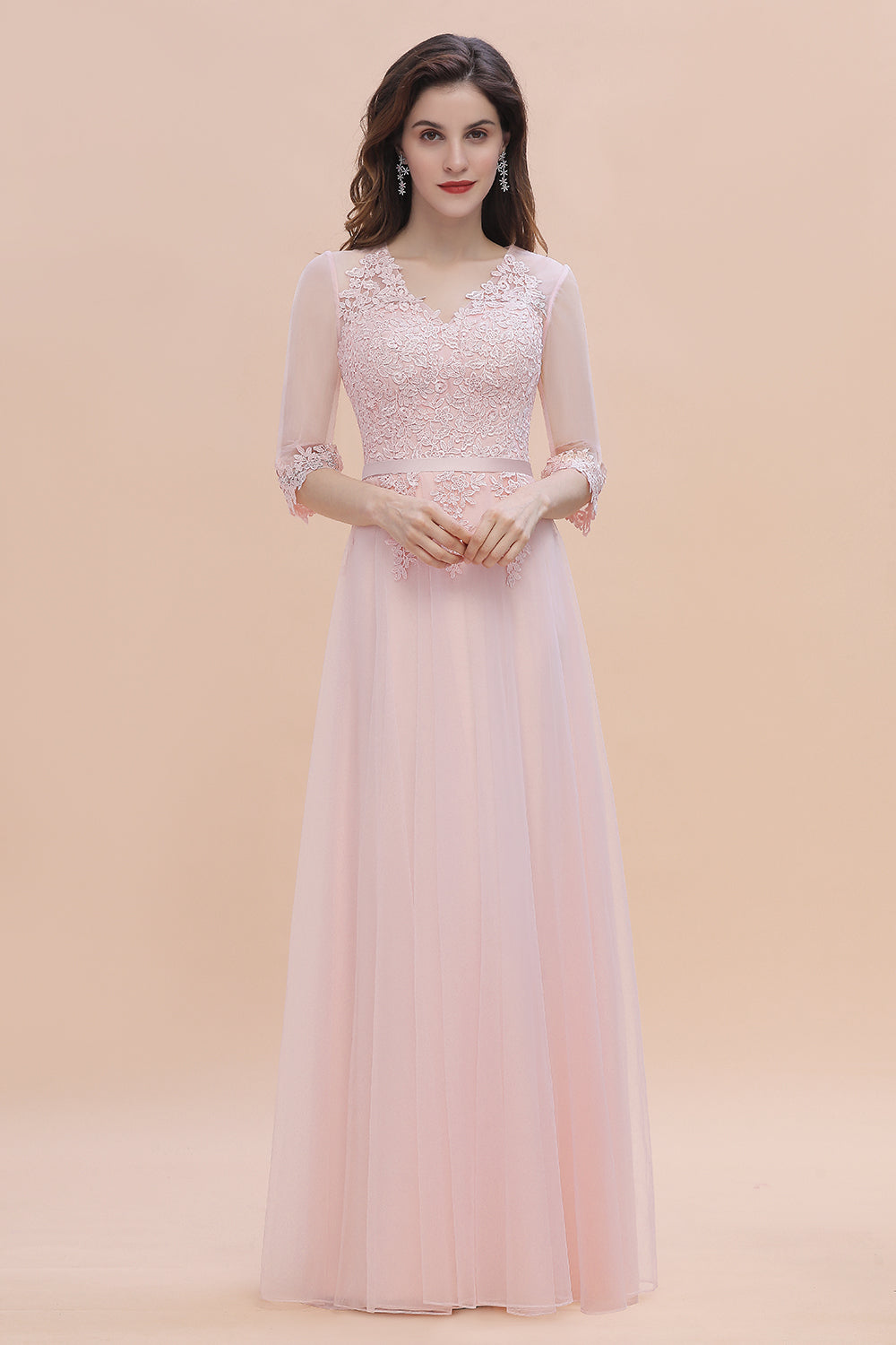 Long Sleeves A-Line V-neck Lace Appliques Wedding Guest Dress