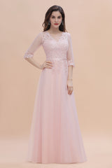 Long Sleeves A-Line V-neck Lace Appliques Wedding Guest Dress