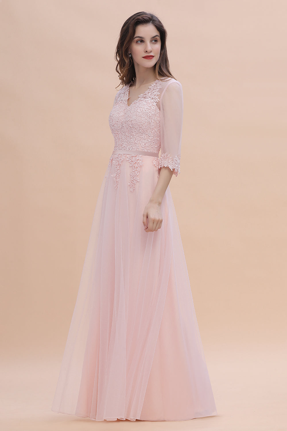Long Sleeves A-Line V-neck Lace Appliques Wedding Guest Dress