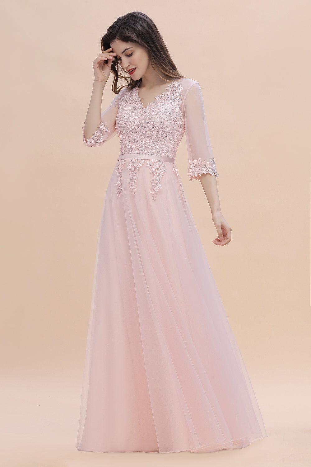 Long Sleeves A-Line V-neck Lace Appliques Wedding Guest Dress