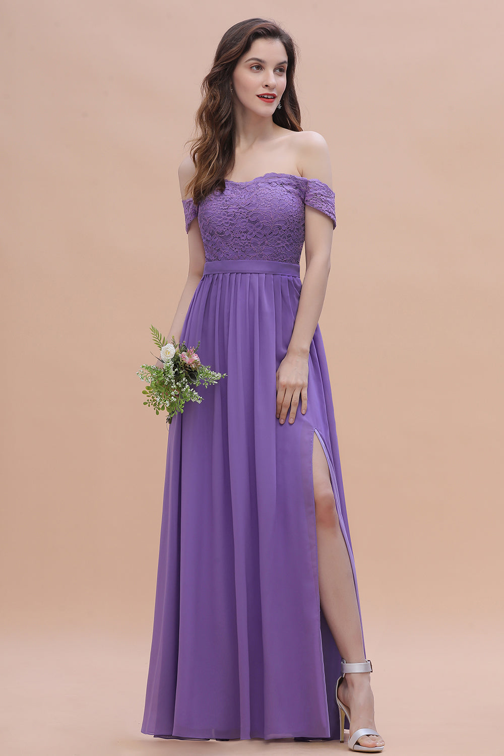 Off-the-Shoulde Lace Chiffon A-Line Bridesmaid Dress With Slit