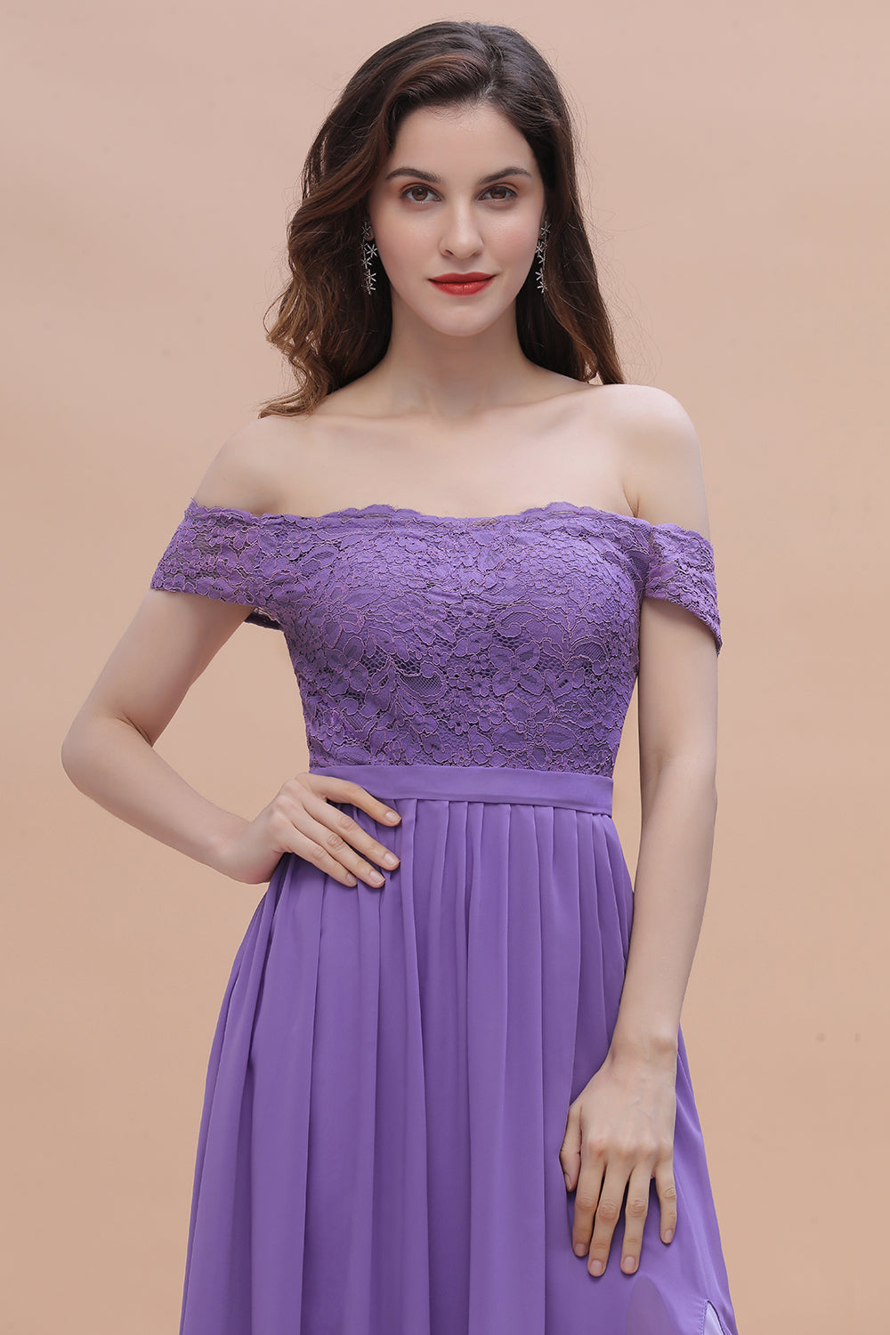 Off-the-Shoulde Lace Chiffon A-Line Bridesmaid Dress With Slit
