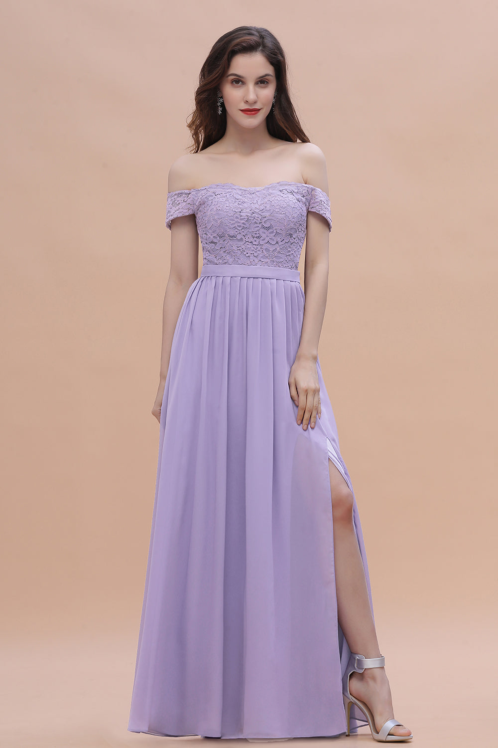 Off-the-Shoulde Lace Chiffon A-Line Bridesmaid Dress With Slit
