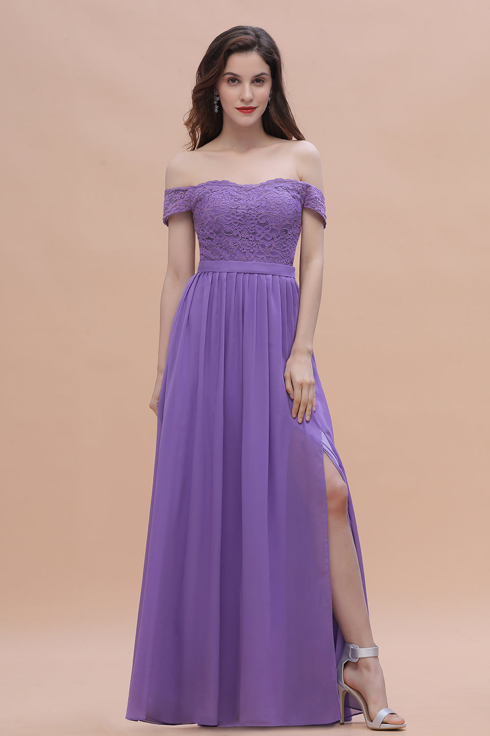 Off-the-Shoulde Lace Chiffon A-Line Bridesmaid Dress With Slit