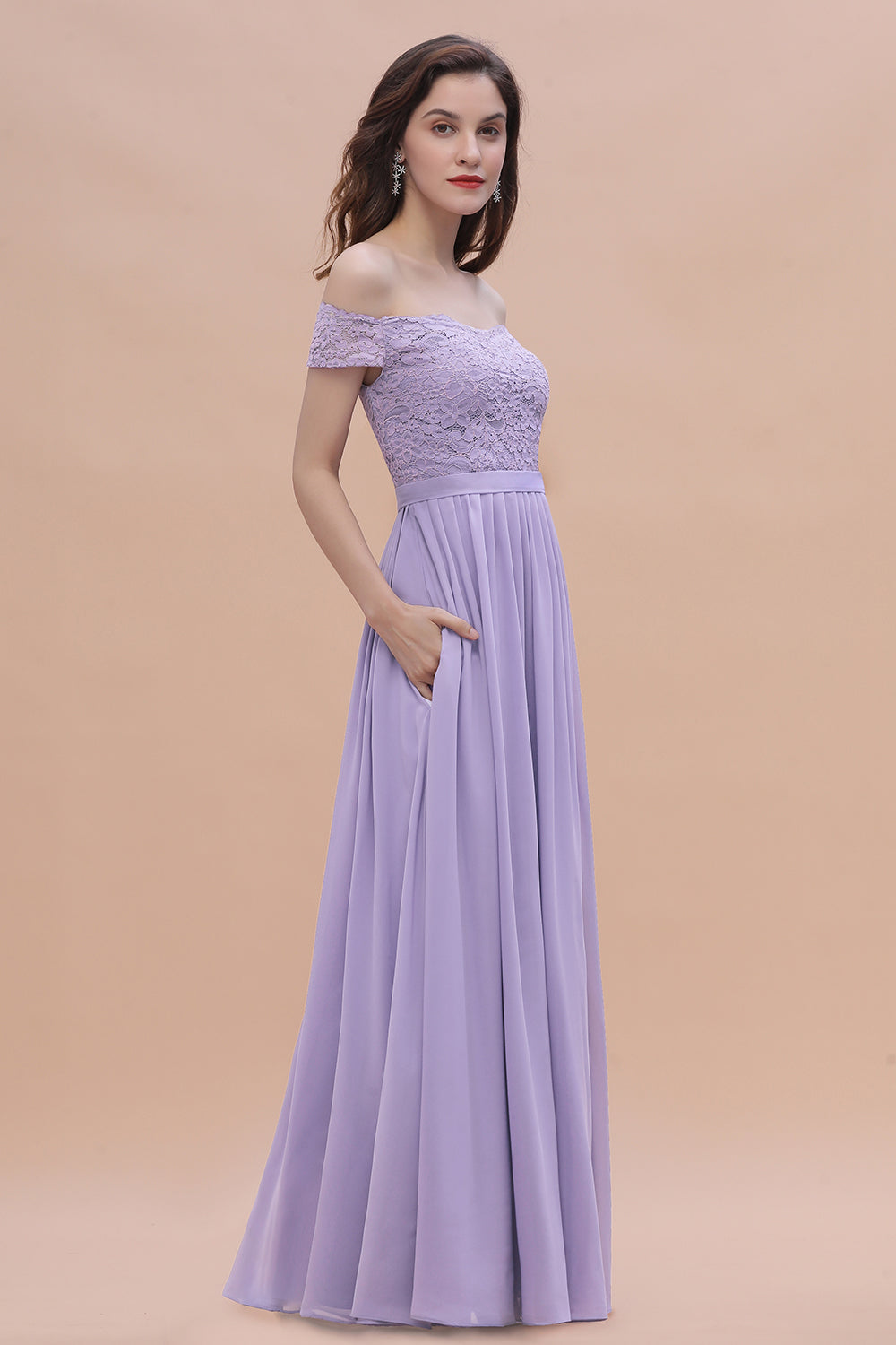 Off-the-Shoulde Lace Chiffon A-Line Bridesmaid Dress With Slit