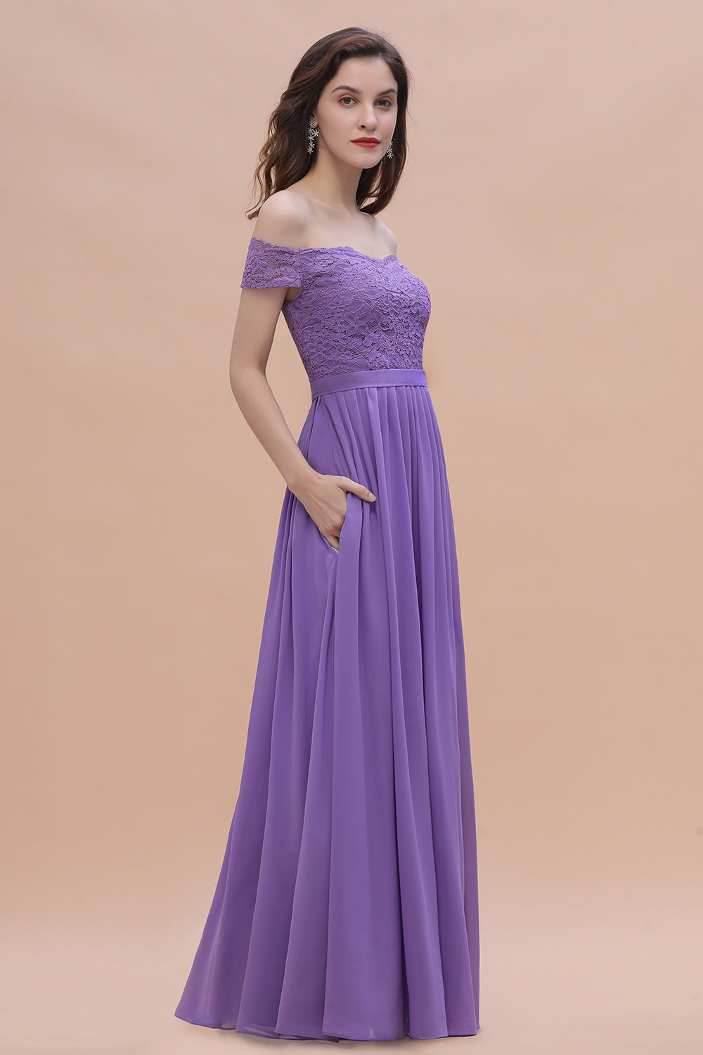 Off-the-Shoulde Lace Chiffon A-Line Bridesmaid Dress With Slit